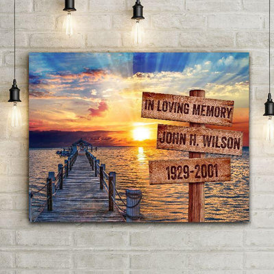 Personalized Ocean Sunset Canvas Color Print - Dock + Custom Carved Sign -  - Lazerworx
