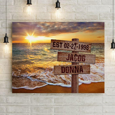 Personalized Beach Sunset Canvas Wall Art with Wooden Custom Name Street Sign -  - Lazerworx