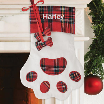Personalized White Plaid Paw Stocking -