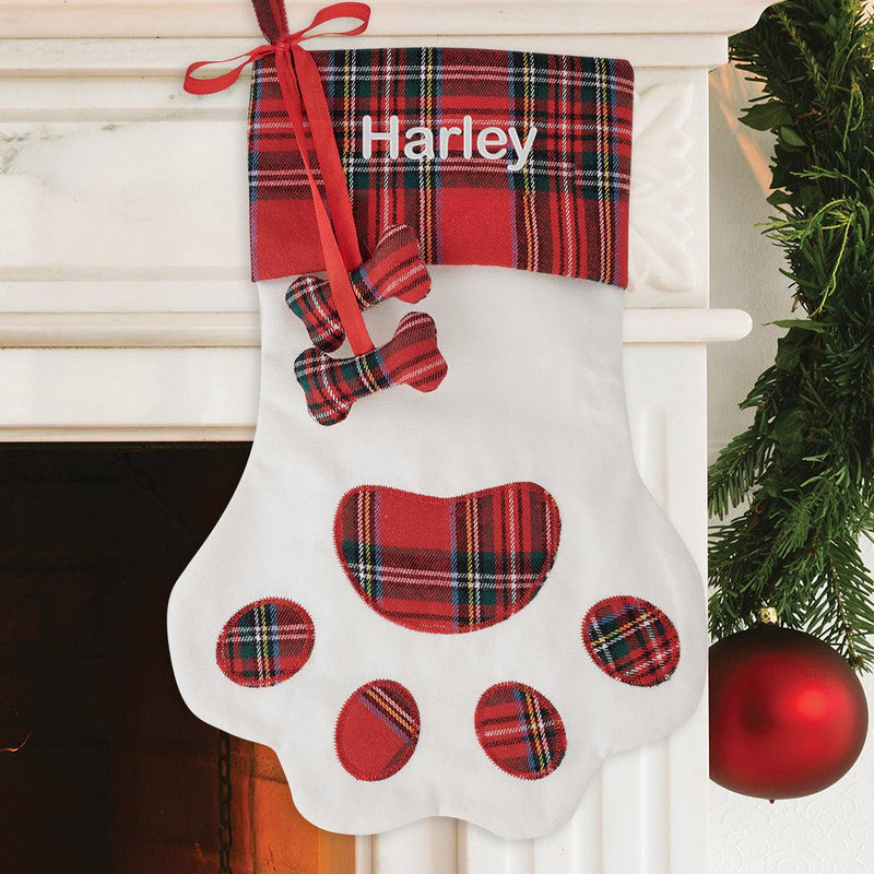 Personalized White Plaid Paw Stocking -