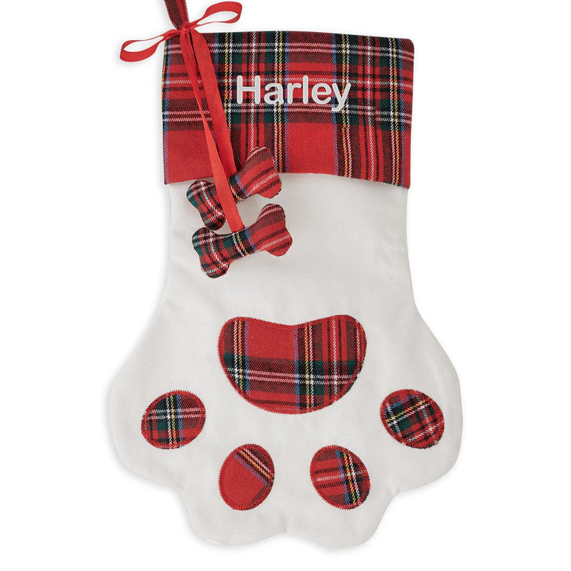 Personalized White Plaid Paw Stocking -