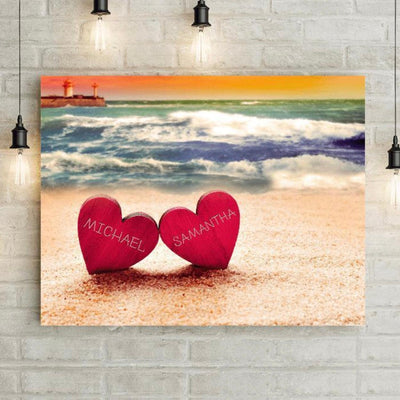 Personalized Hearts Of Love Carved Wooden Hearts on Beach Canvas Wall Decor -
