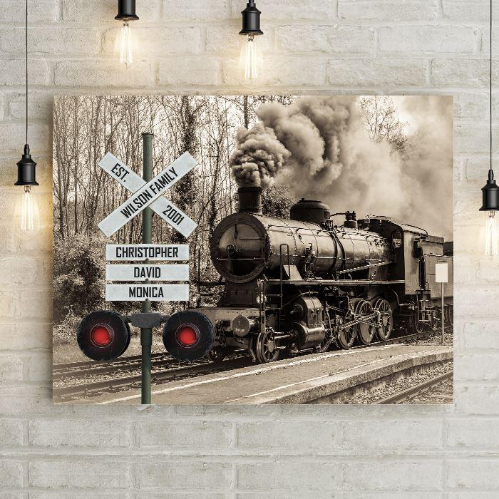 Personalized Antique Train Railroad Crossing Canvas Wall Art -