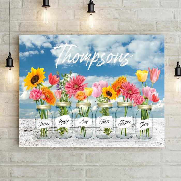 Personalized Family Mason Jar Vases with Sunflowers & Daisies Premium Canvas -