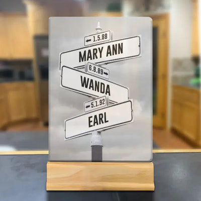 Personalized Street Sign Kids Birth Dates + Names Acrylic Desk Plaque - Unfinished Wood