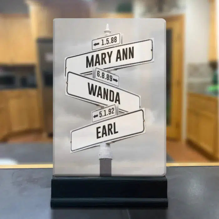 Personalized Street Sign Acrylic Desk Plaque - Kids Birth Dates + Names - Black Painted Wood - Lazerworx