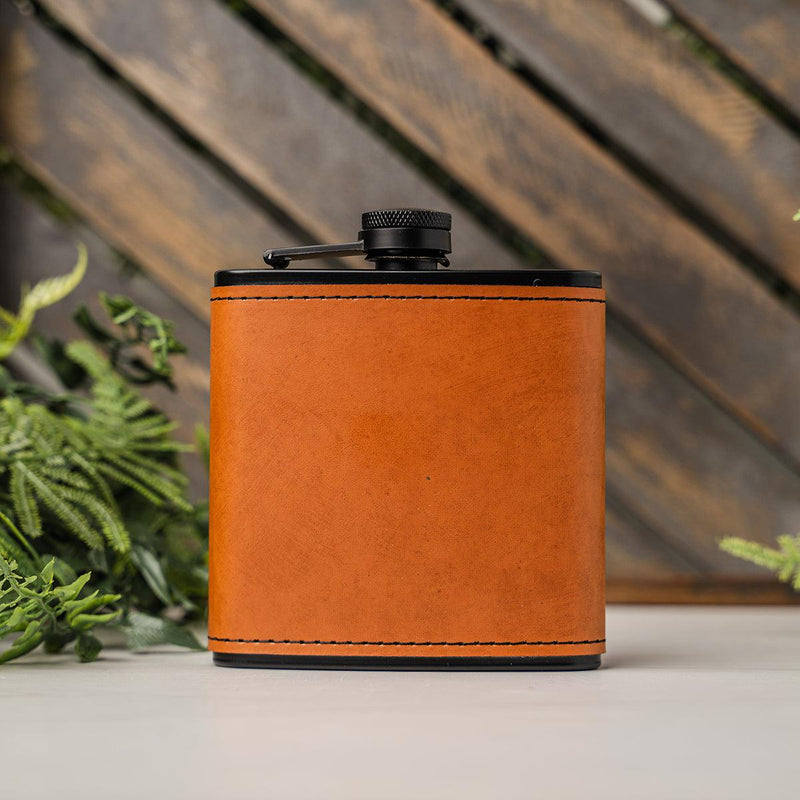 Personalized Leather Wrapped Black Flasks - Rawhide