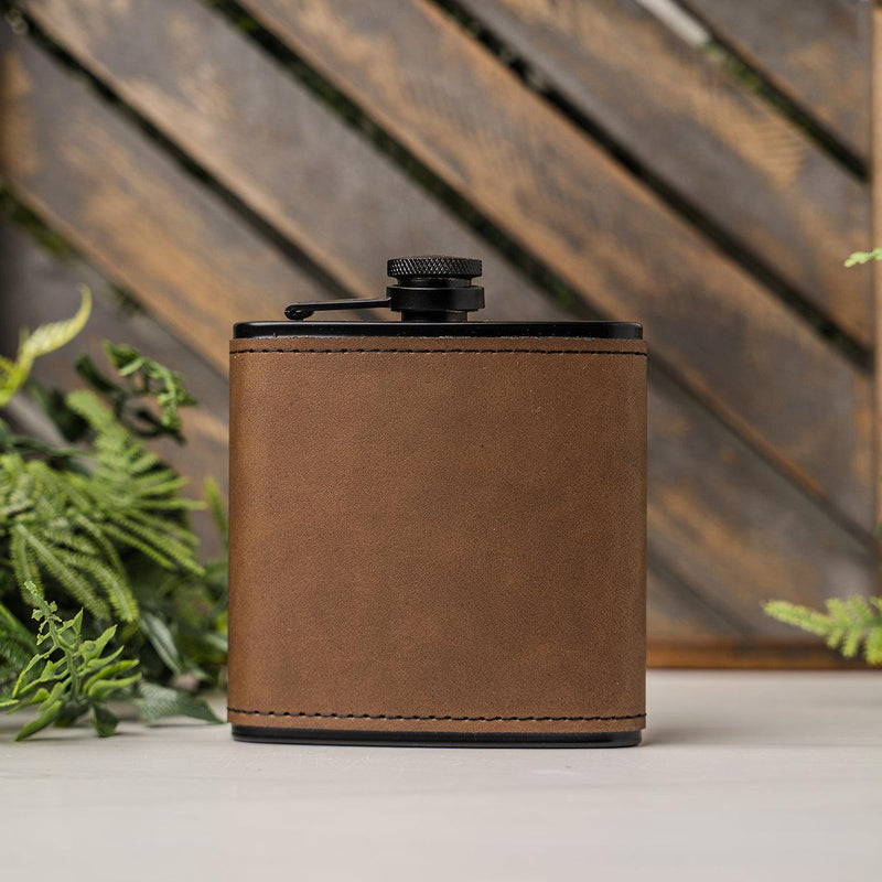 Personalized Leather Wrapped Black Flasks - Dark Brown