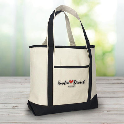 Personalized Couple's Names With Heart Natural/Black Canvas Large Tote Bag -