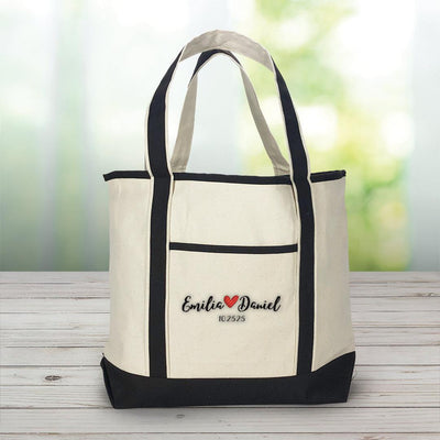 Personalized Couple's Names With Heart Natural/Black Canvas Large Tote Bag -