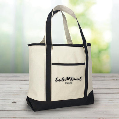 Personalized Couple's Names With Heart Natural/Black Canvas Large Tote Bag - Black