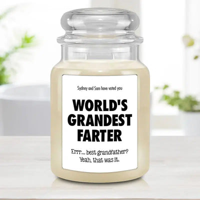 Personalized Funny Grandpa Gift - World's Grandest Farter Scented Candle - COUNTRY SUGAR - Lazerworx
