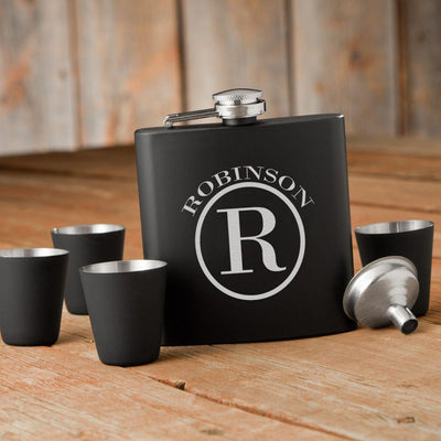 Personalized Black Flask Set -  Flask & 4 Shot Glasses -  - Completeful