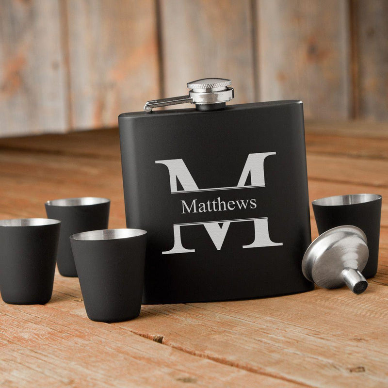 Personalized Black Flask Set - Flask & 4 Shot Glasses -