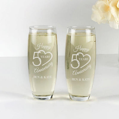 Personalized Happy 50 Anniversary With Heart Champagne Stemless Flute 9oz - - Gifts For You Now