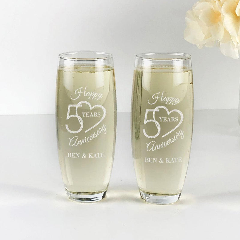 Personalized Happy 50 Anniversary With Heart Champagne Stemless Flute 9oz - - Gifts For You Now