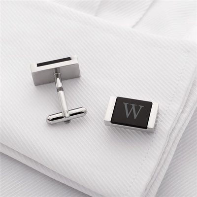 Personalized Laser Engraved Initial Black Stone Cufflinks -