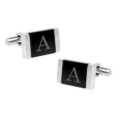 Personalized Laser Engraved Initial Black Stone Cufflinks -