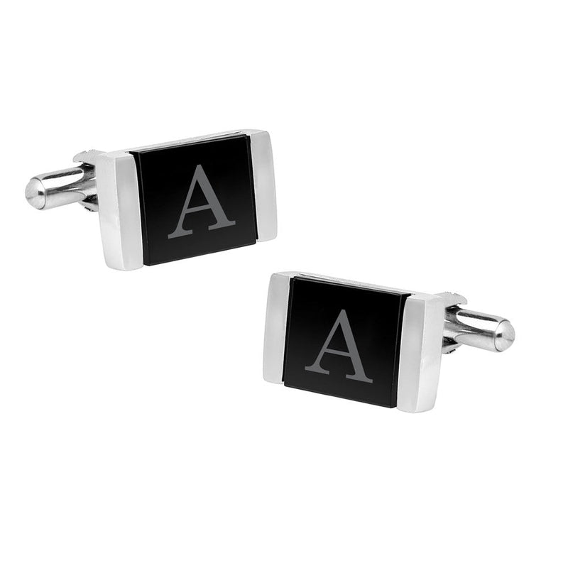 Personalized Laser Engraved Initial Black Stone Cufflinks -