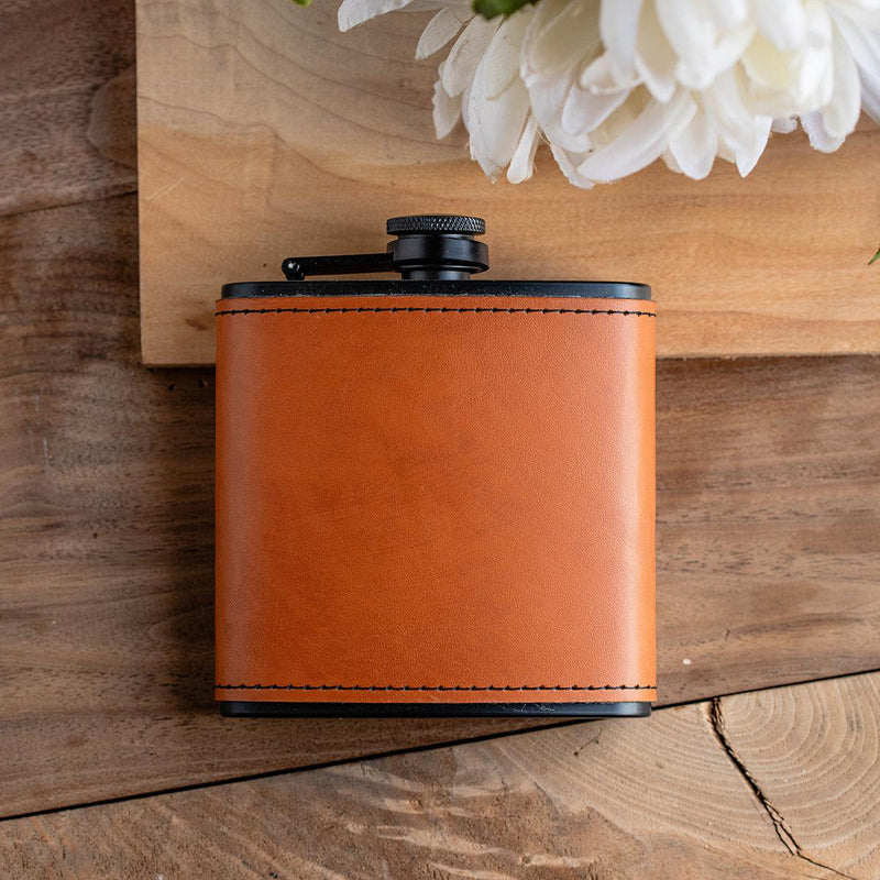 Personalized Leather Wrapped Black Flasks -
