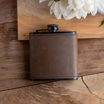 Personalized Leather Wrapped Black Flasks -