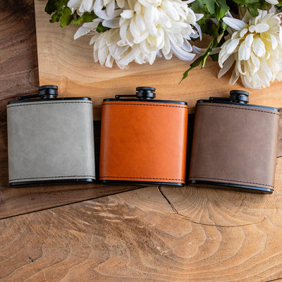 Personalized Leather Wrapped Black Flasks -