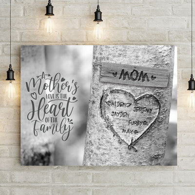Personalized Carved Heart Tree Canvas Wall Art - 24 x 16 / Mother's Love Is The Hear Of The Family - Lazerworx