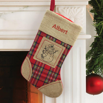 Personalized Red Thread Burlap Snowman Stocking -