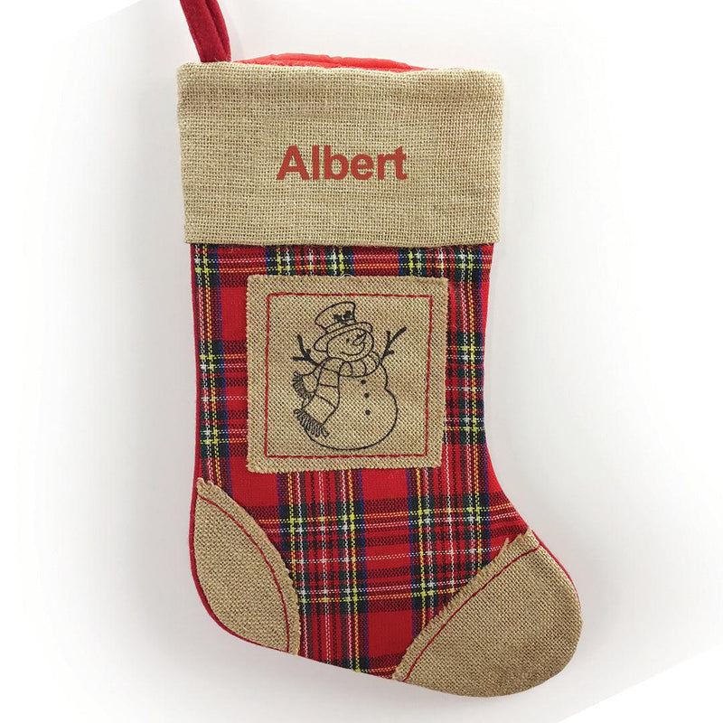 Personalized Red Thread Burlap Snowman Stocking -