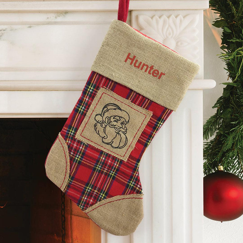 Personalized Red Thread Burlap Santa Stocking -