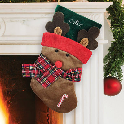 Personalized Plaid Scarf Reindeer Stocking -