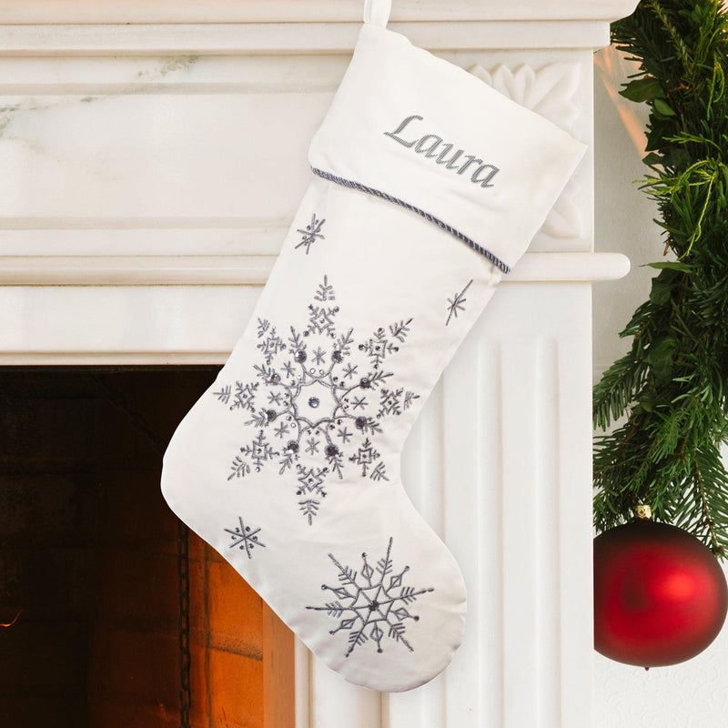 Personalized White Velvet Snowflakes Stocking -