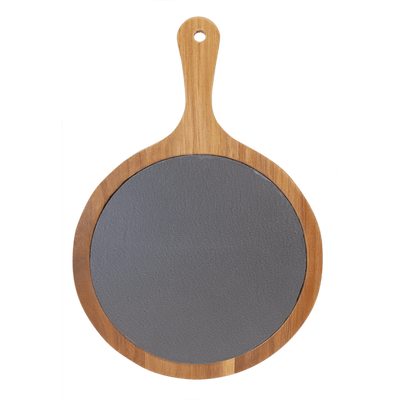 Personalized Round Acacia Wood/Slate Serving Board with Handle - 8 x 12
