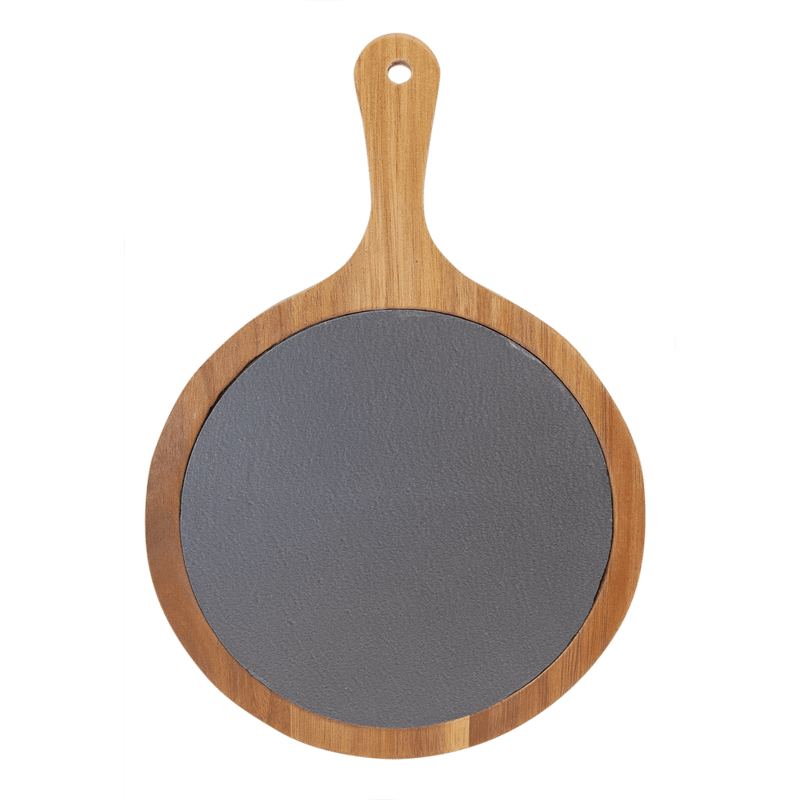 Personalized Round Acacia Wood/Slate Serving Board with Handle - 8 x 12