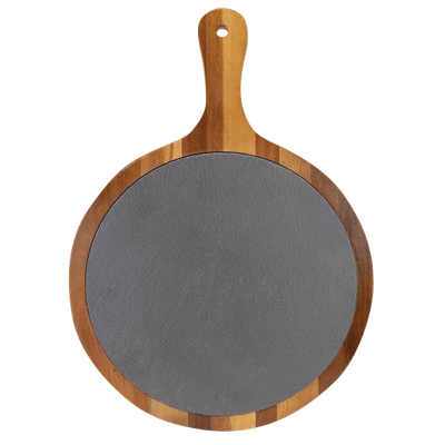 Personalized Round Acacia Wood/Slate Serving Board with Handle - 10 x 14