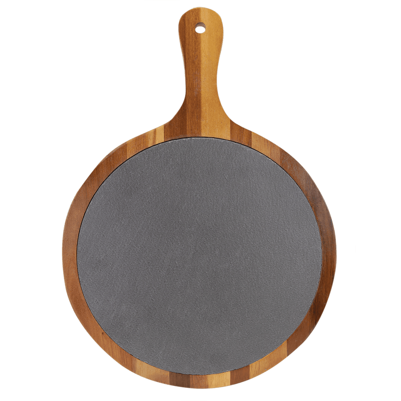 Personalized Round Acacia Wood/Slate Serving Board with Handle - 10 x 14
