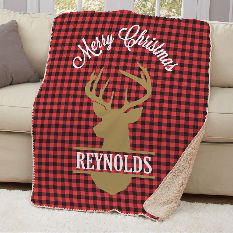 Personalized Plaid Deer Large Sherpa Throw - Tan