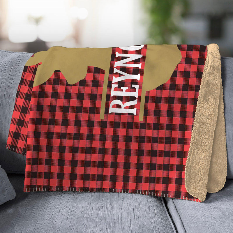 Personalized Plaid Deer Large Sherpa Throw -