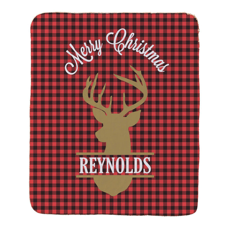 Personalized Plaid Deer Large Sherpa Throw -