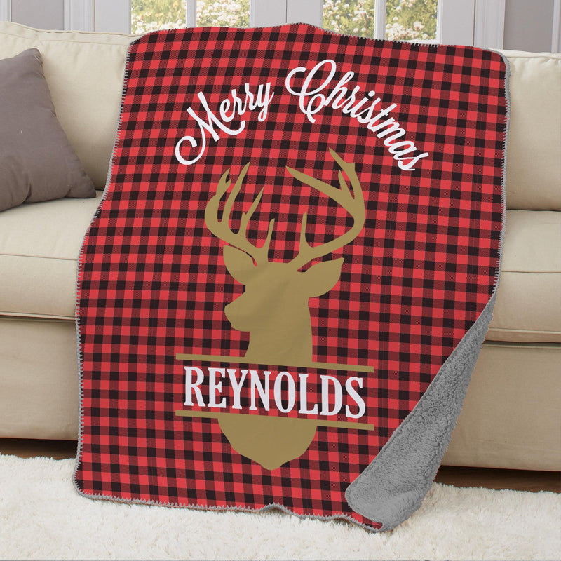 Personalized Plaid Deer Large Sherpa Throw - Grey