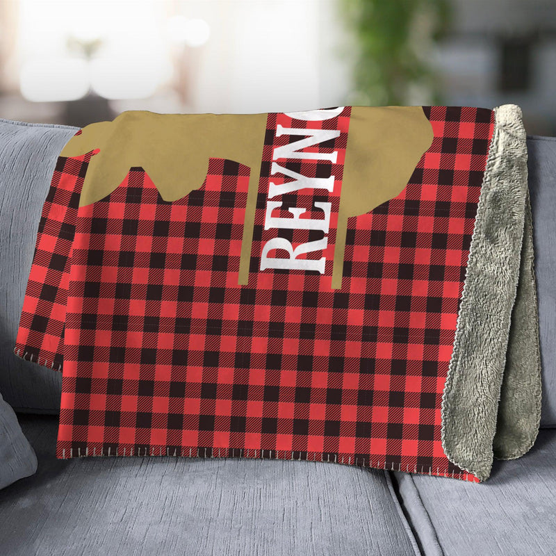 Personalized Plaid Deer Large Sherpa Throw -