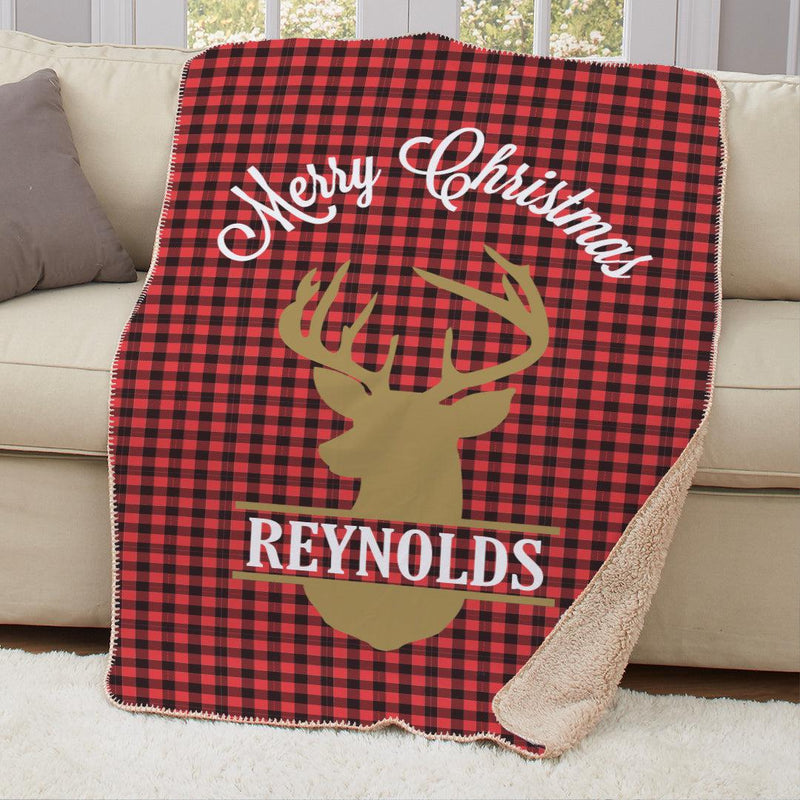 Personalized Plaid Deer Sherpa Lined Throw -
