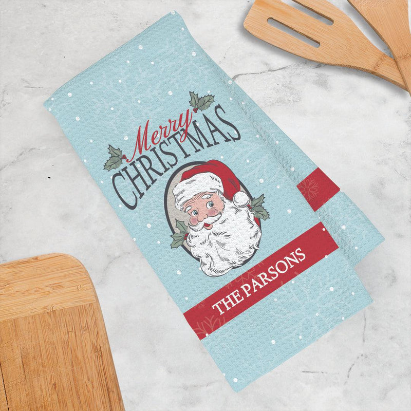 Personalized Merry Christmas Santa with Holly Waffle Weave Towel -