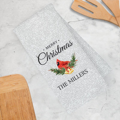 Personalized Merry Christmas Cardinal Waffle Weave Towel -