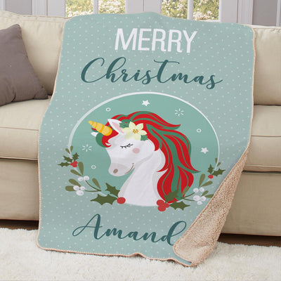 Personalized Merry Christmas Unicorn Throw Blanket -