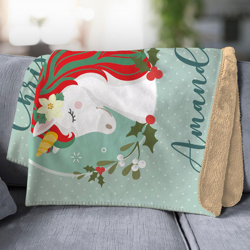 Personalized Merry Christmas Unicorn Throw Blanket -