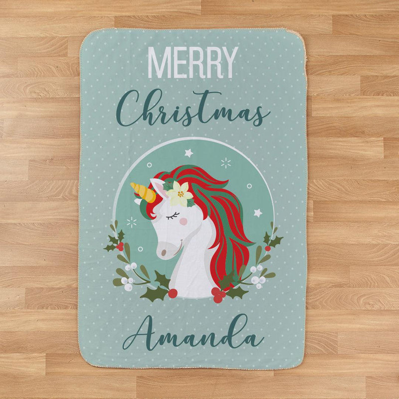 Personalized Merry Christmas Unicorn Throw Blanket -