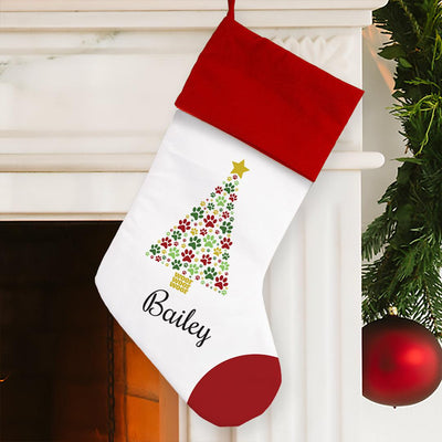 Personalized Paws Christmas Tree Stocking with Red Cuff -
