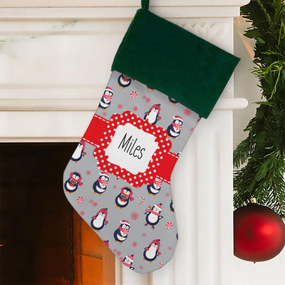 Personalized Penguins Christmas Stocking - Green Cuff