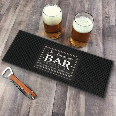 Personalized Family Name Bar Open Daily with Time Bar Mat -